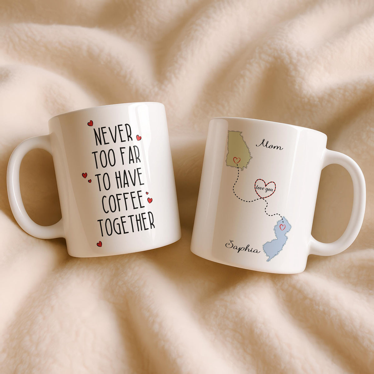 Never Too Far Custom State Map Mug, Personalized Coffee Cup, Family Tea Gift