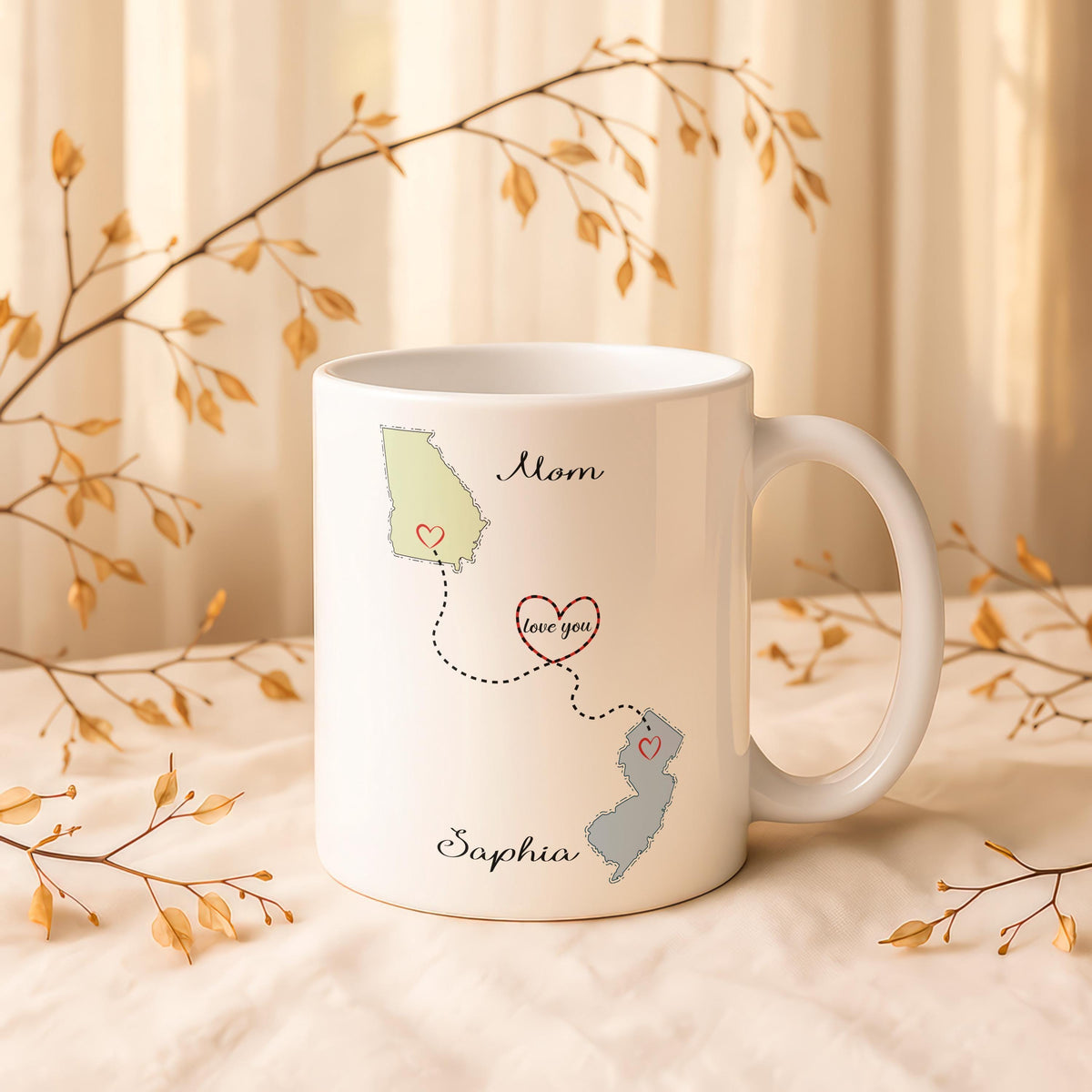 Never Too Far Custom State Map Mug, Personalized Coffee Cup, Family Tea Gift