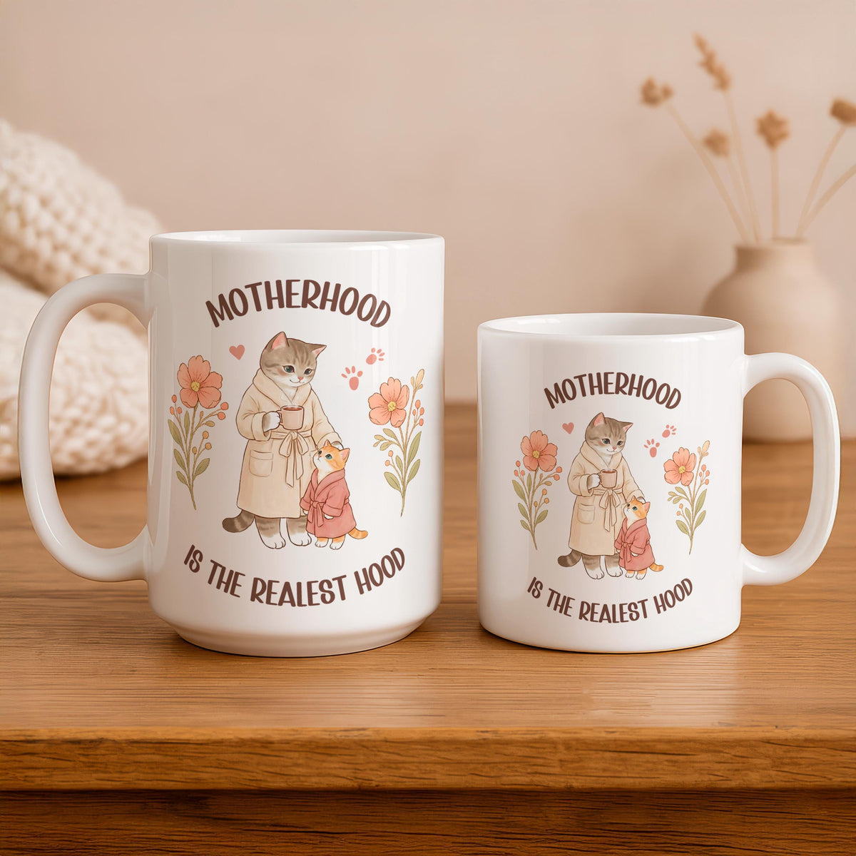 Motherhood Cat Mom Ceramic Mug, Funny Coffee Cup Gift for Mom