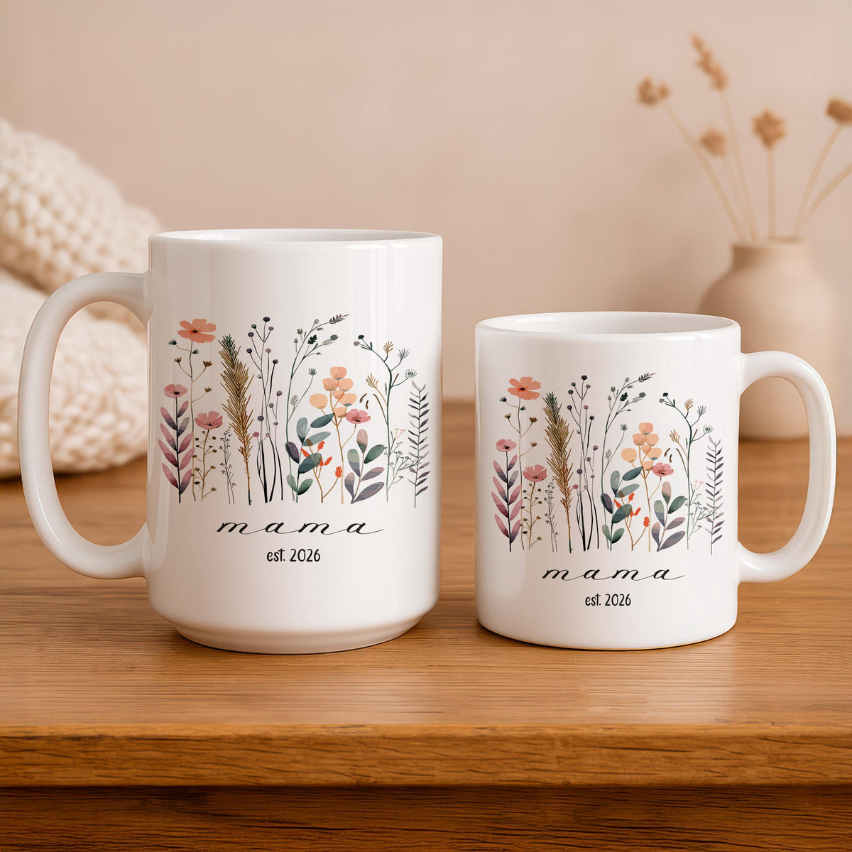 Personalized Floral Mama Mug, Custom Wildflower Coffee Cup, New Mom Keepsake