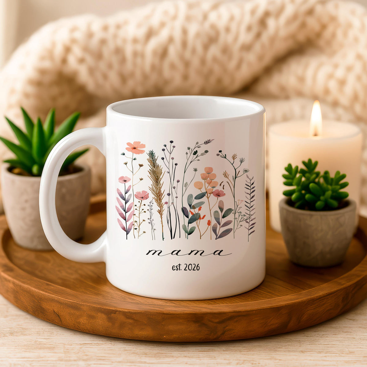 Personalized Floral Mama Mug, Custom Wildflower Coffee Cup, New Mom Keepsake