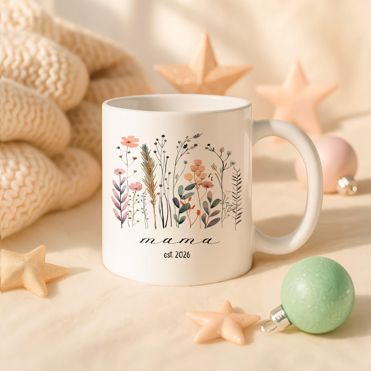 Personalized Floral Mama Mug, Custom Wildflower Coffee Cup, New Mom Keepsake