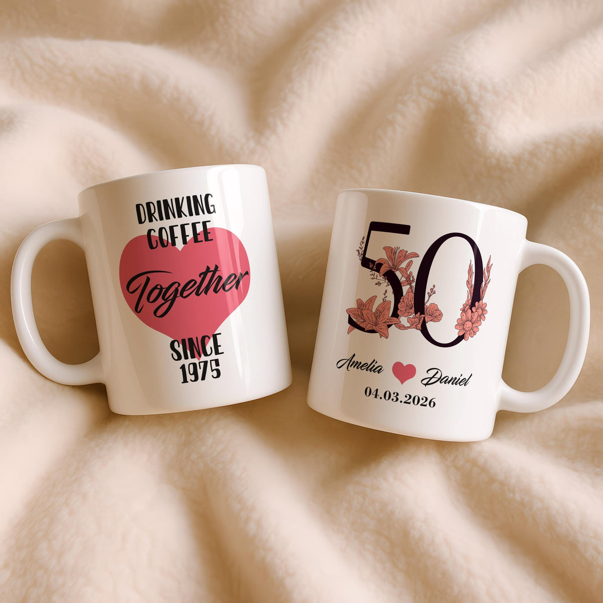 Personalized 50th Anniversary Coffee Mug, Custom Couple Names Date, Romantic Gift