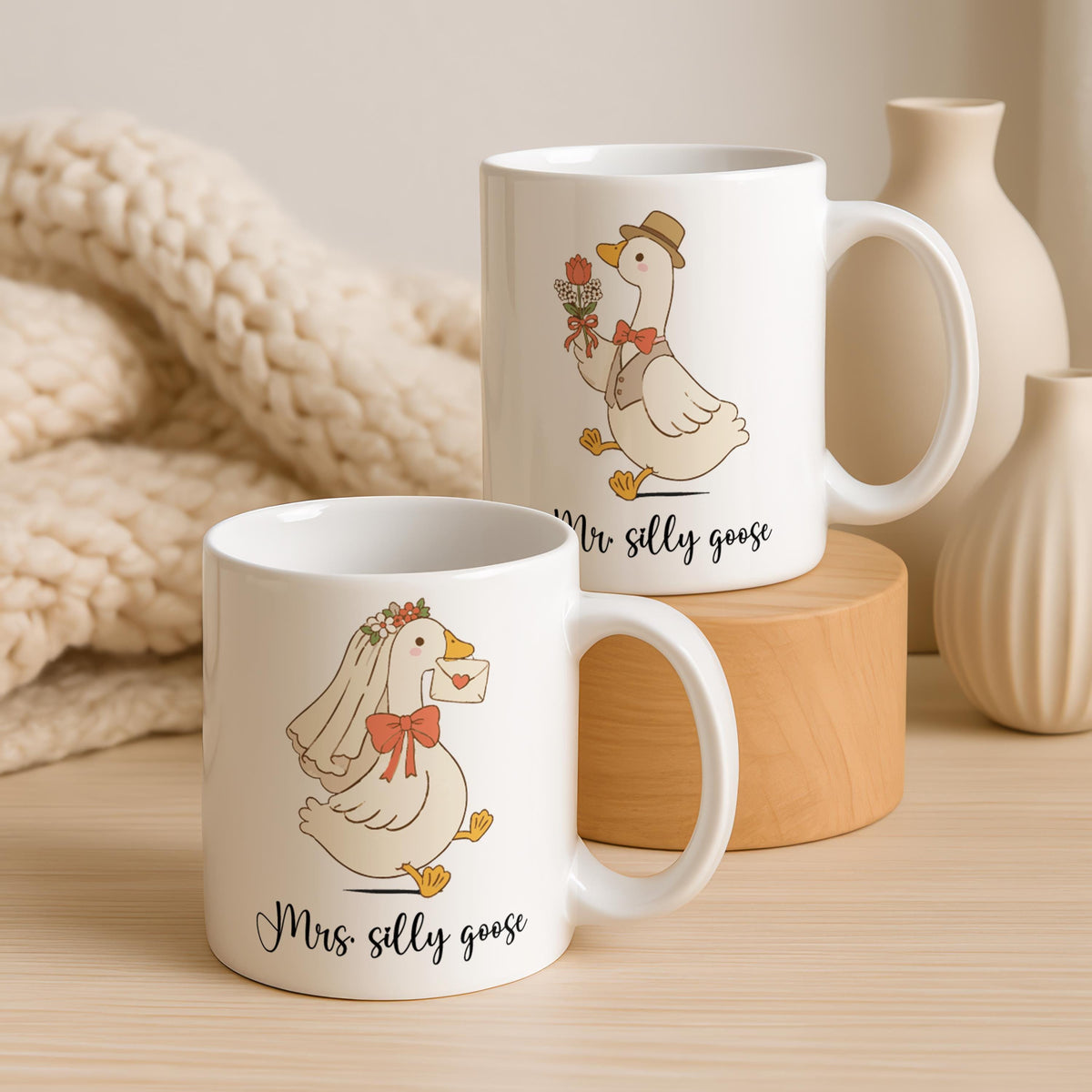 Personalized Mr and Mrs Goose Ceramic Mugs, Wedding Gift for Couple