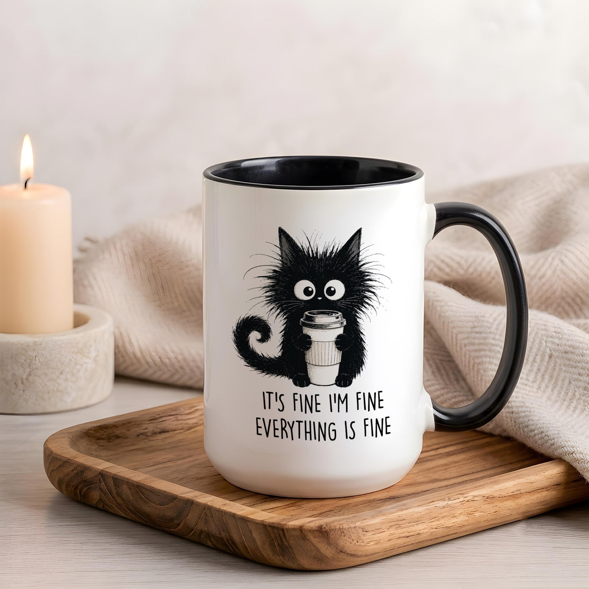 Black Cat Coffee Mug, Sarcastic "Everything is Fine" Quote Cup