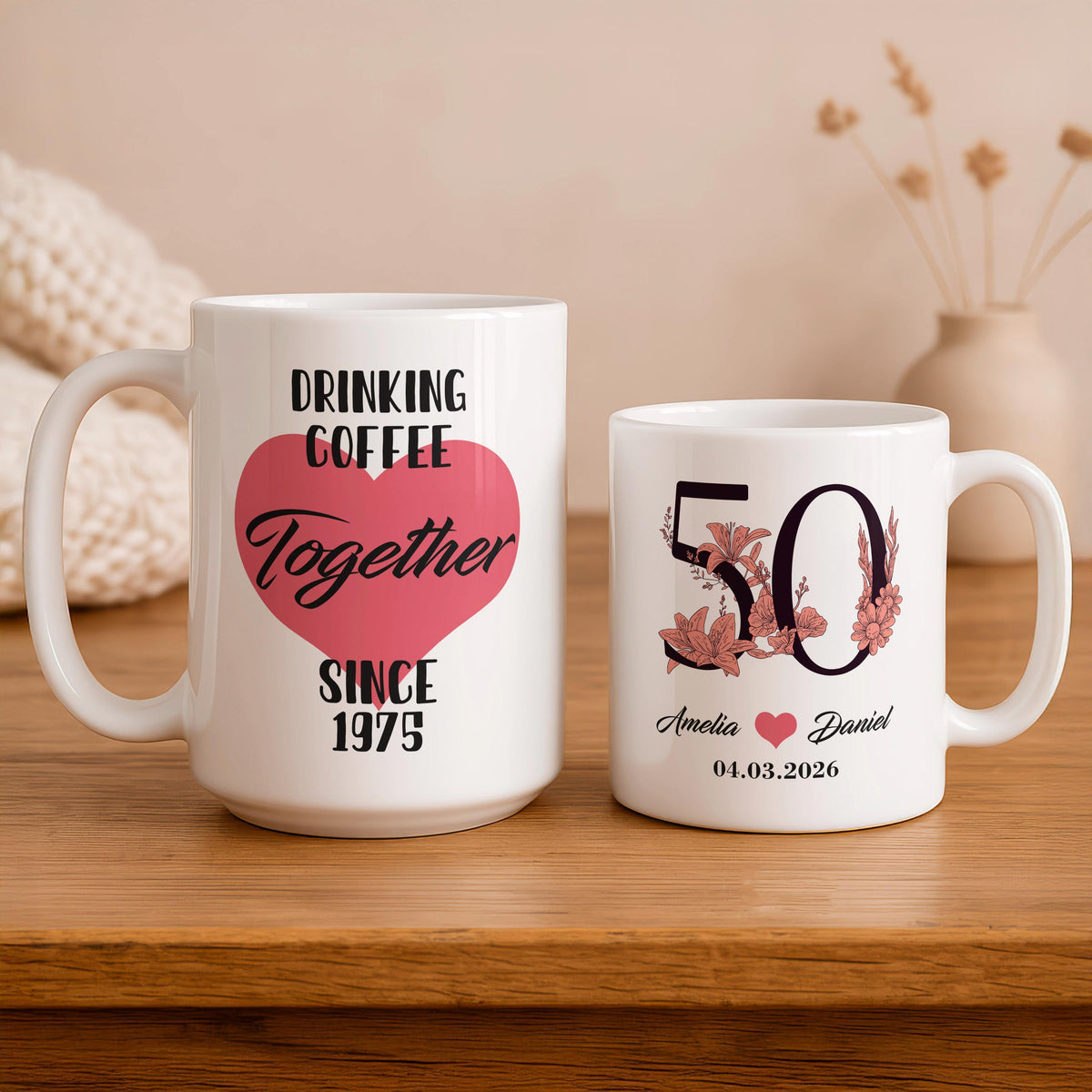 Personalized 50th Anniversary Coffee Mug, Custom Couple Names Date, Romantic Gift