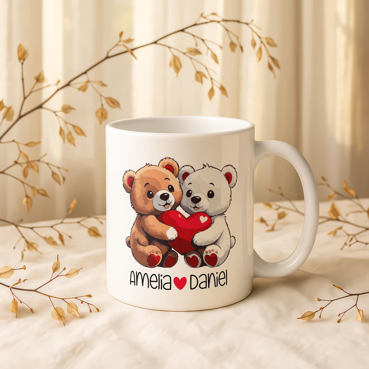Personalized Teddy Bear Mug, Custom Couple Names, Romantic Gift
