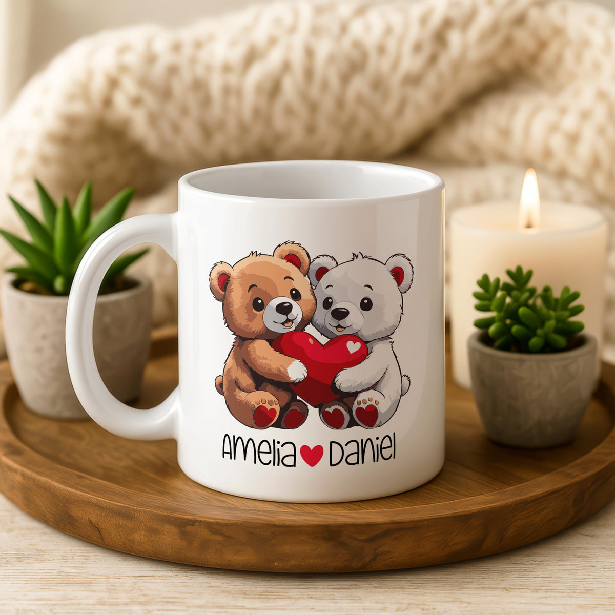 Personalized Teddy Bear Mug, Custom Couple Names, Romantic Gift