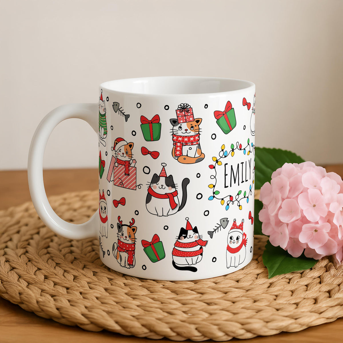 Personalized Cat Christmas Mug, Custom Name Coffee Cup, Holiday Kitty Pottery