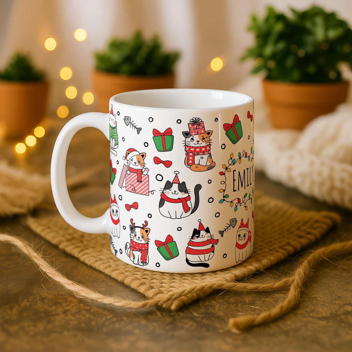 Personalized Cat Christmas Mug, Custom Name Coffee Cup, Holiday Kitty Pottery