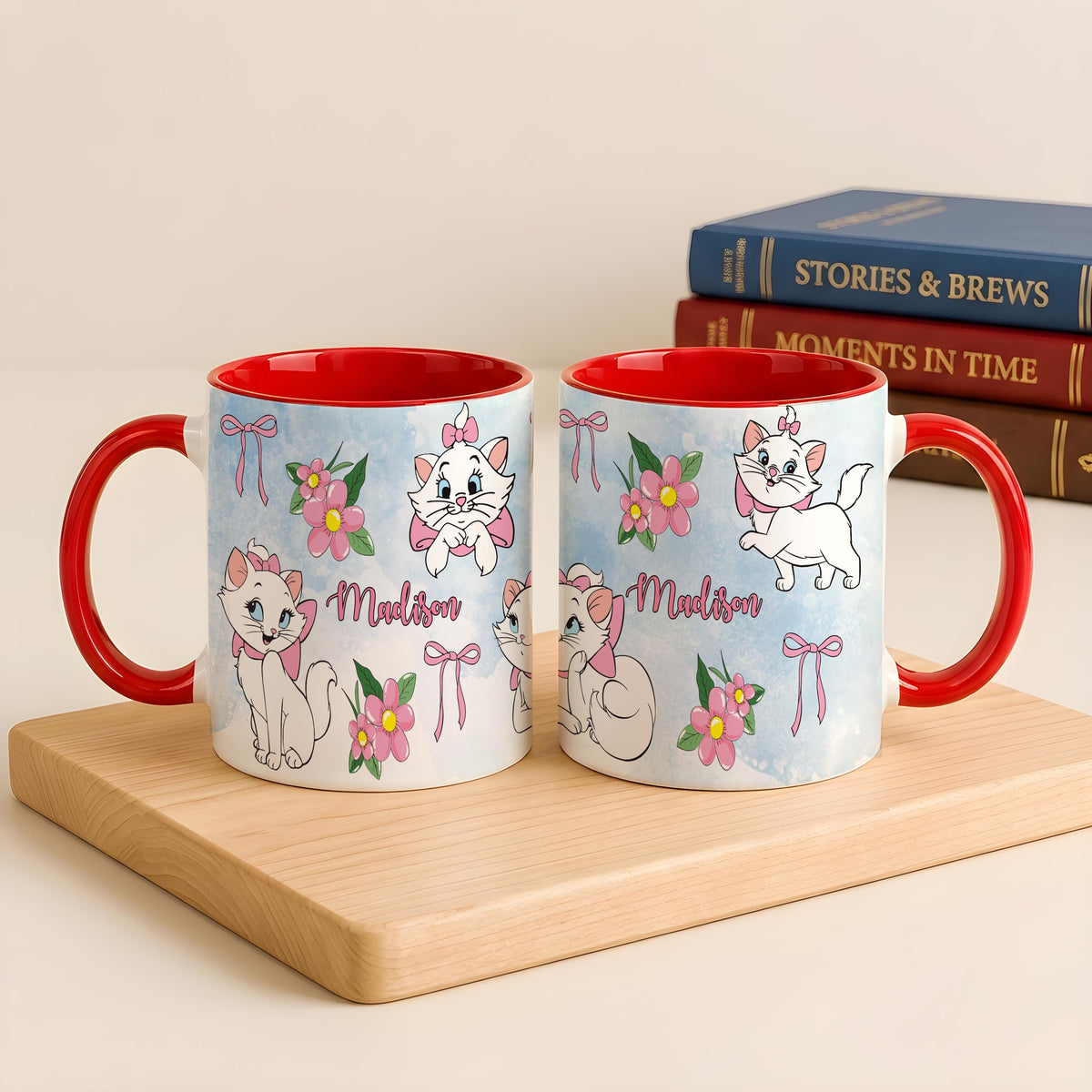 Personalized Cat Mug, Custom Name Ceramic Coffee Cup, Pink Bow Flowers Design Tea Mug