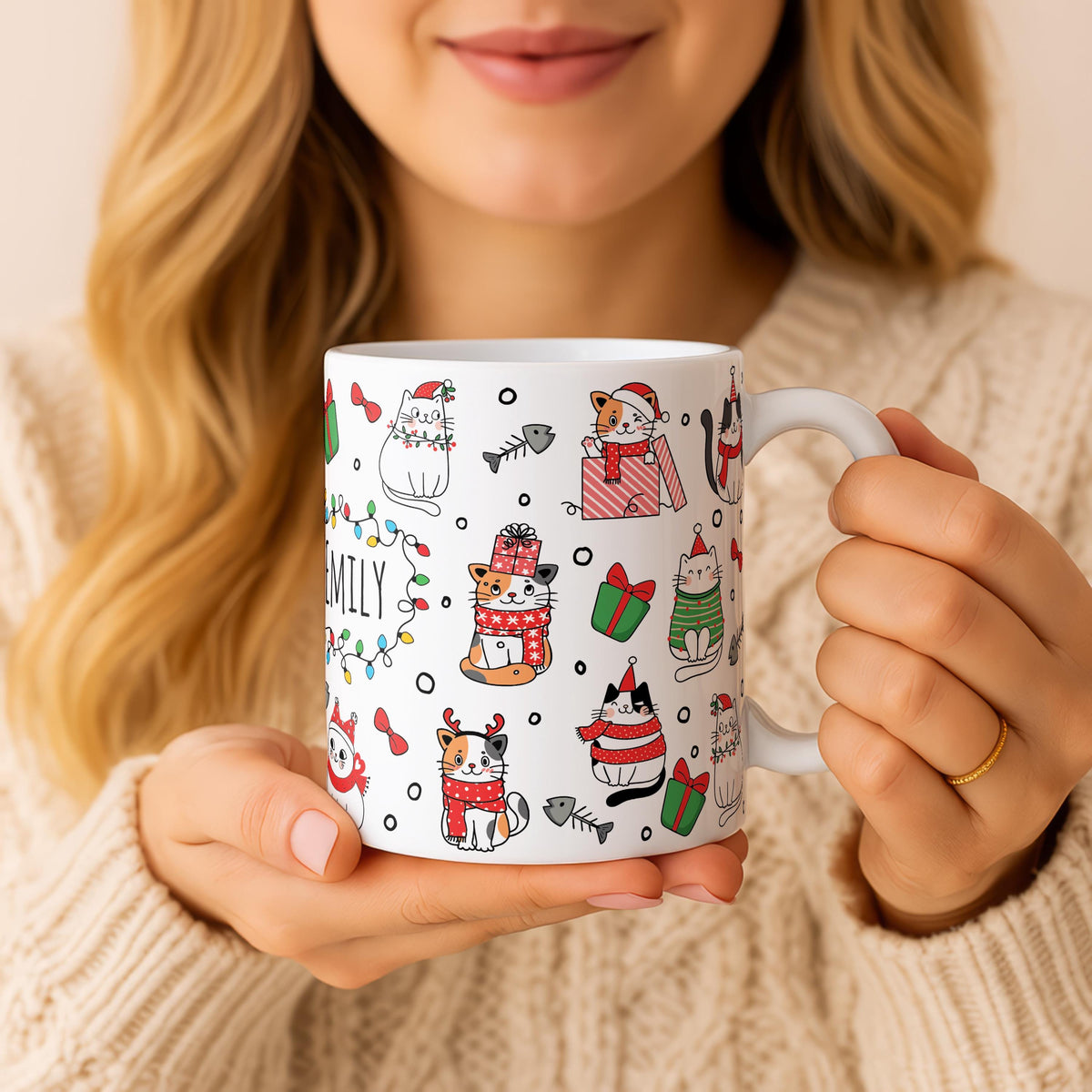 Personalized Cat Christmas Mug, Custom Name Coffee Cup, Holiday Kitty Pottery