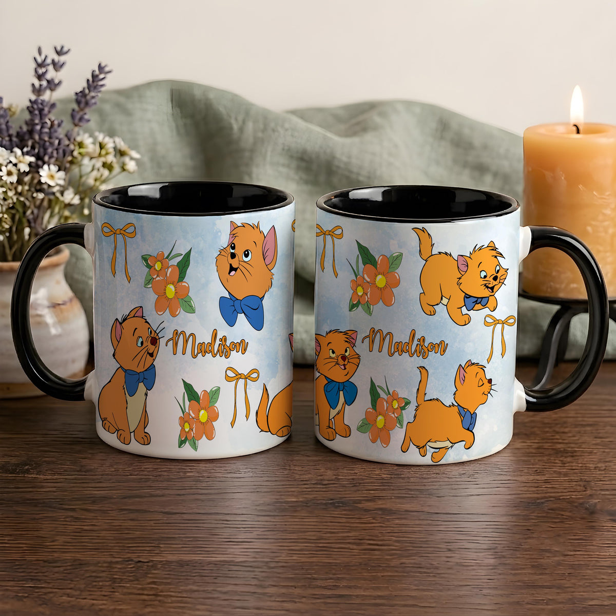 Personalized Cat Mug, Custom Name Ceramic Coffee Cup, Pink Bow Flowers Design Tea Mug