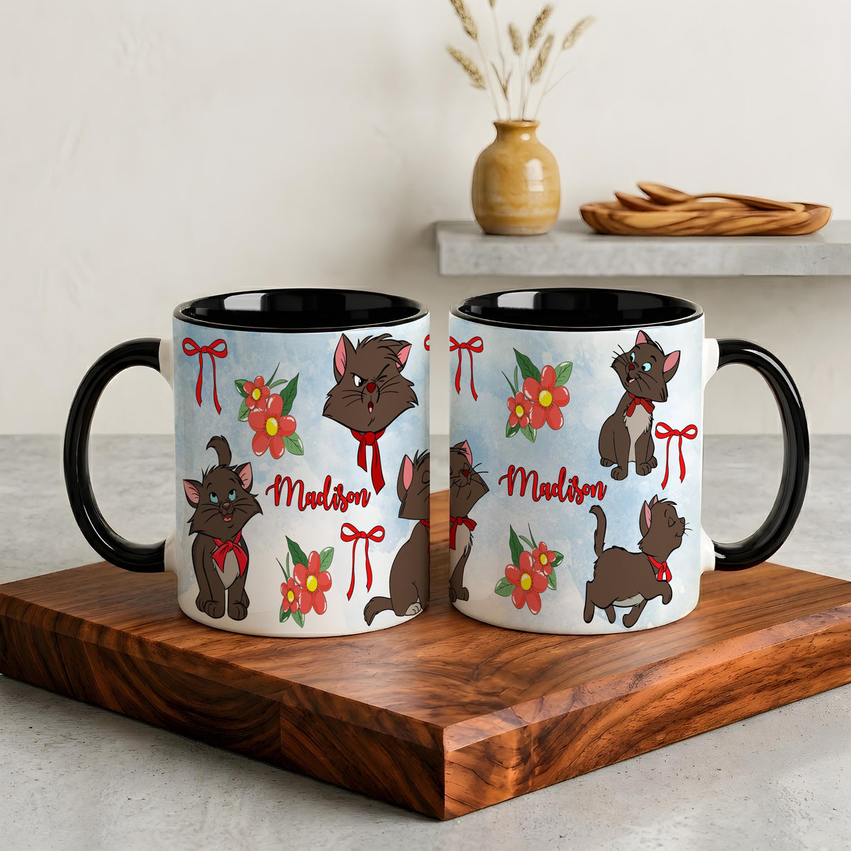 Personalized Cat Mug, Custom Name Ceramic Coffee Cup, Pink Bow Flowers Design Tea Mug