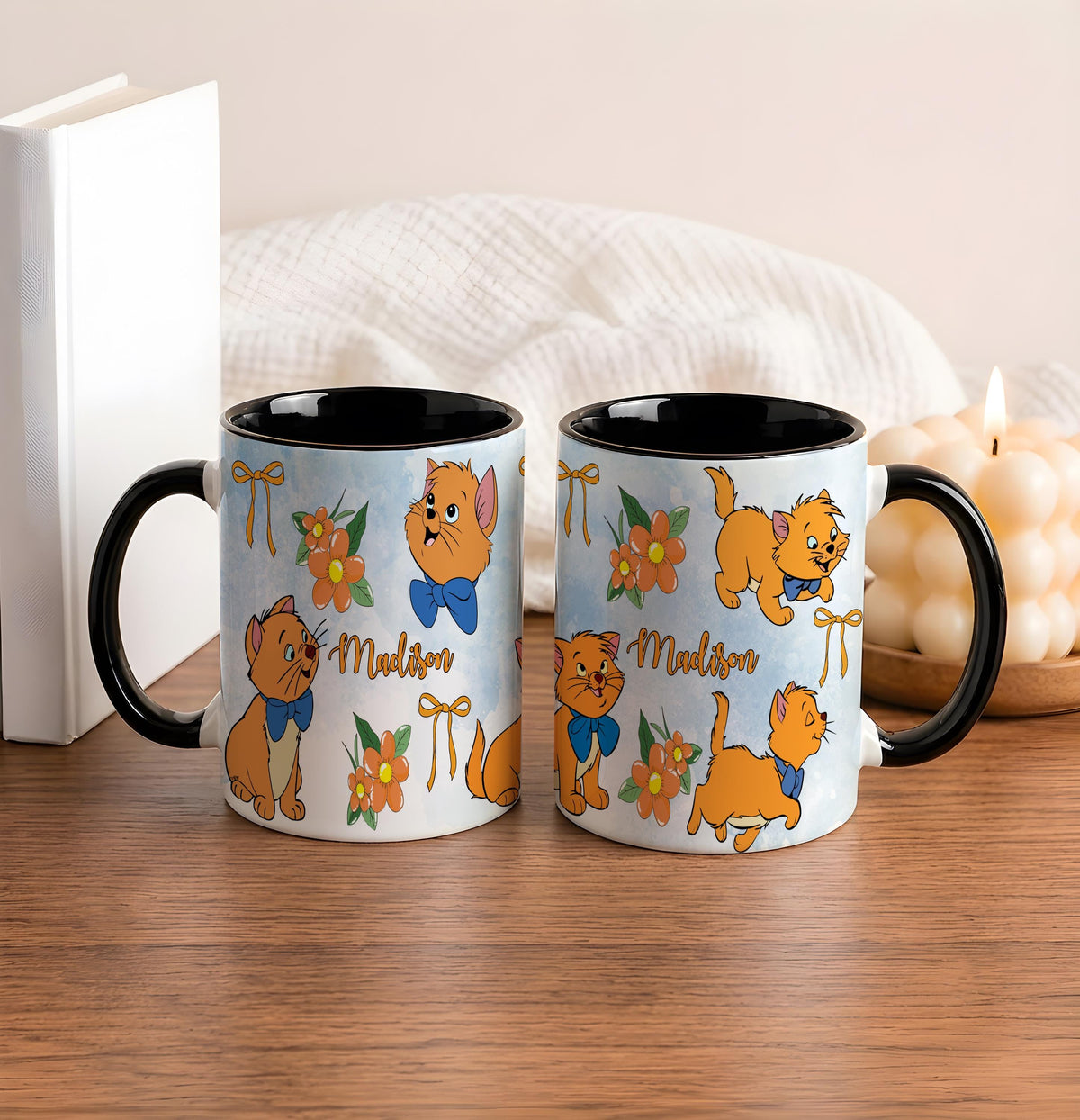 Personalized Cat Mug, Custom Name Ceramic Coffee Cup, Pink Bow Flowers Design Tea Mug