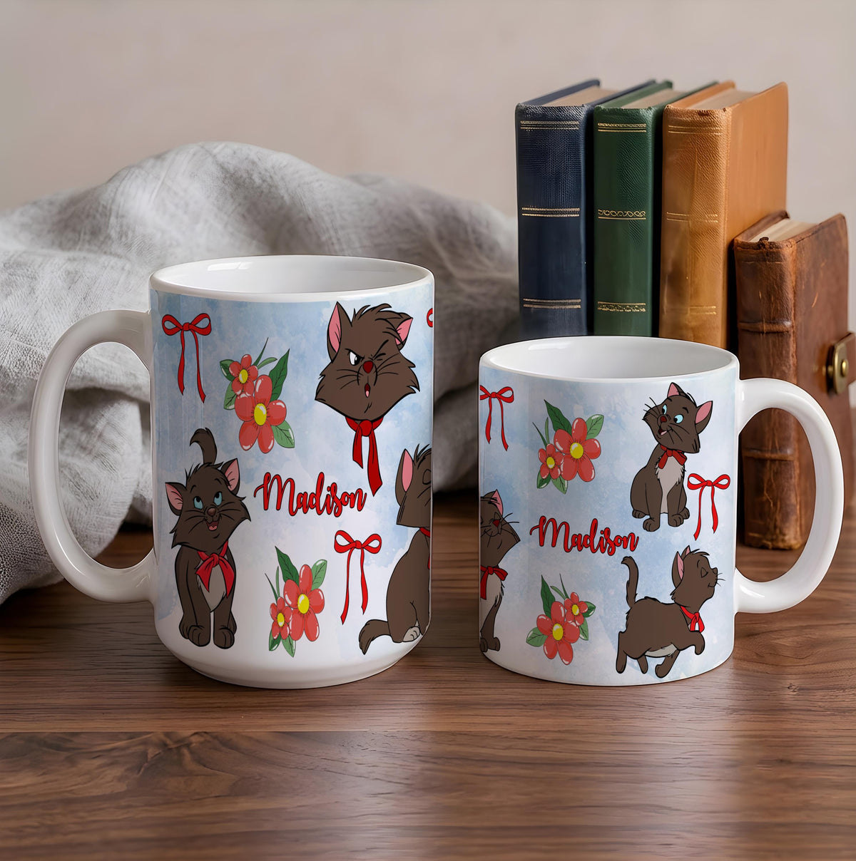 Personalized Cat Mug, Custom Name Ceramic Coffee Cup, Pink Bow Flowers Design Tea Mug