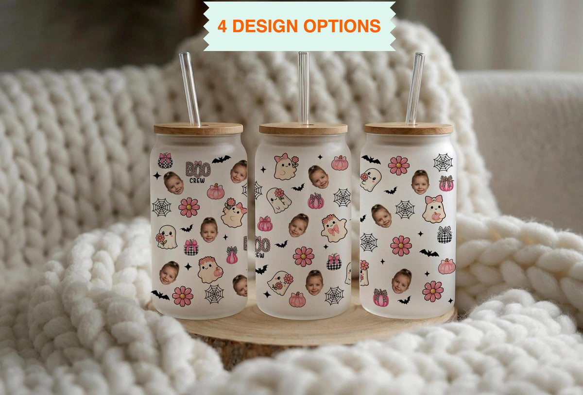 Personalized Photo Boo Crew Glass Tumbler, Custom Halloween Ghosts Kids Cup