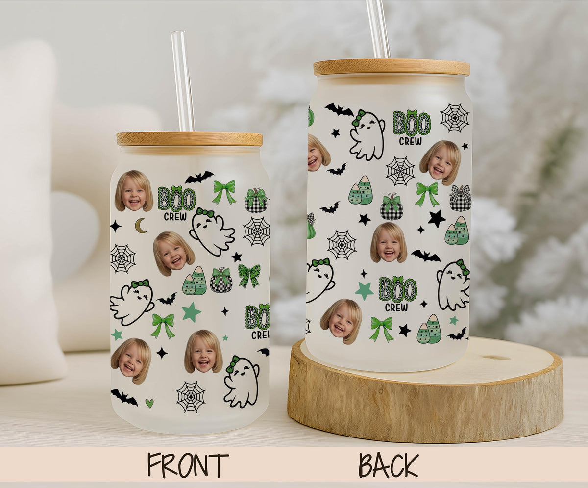 Personalized Photo Boo Crew Glass Tumbler, Custom Halloween Ghosts Kids Cup