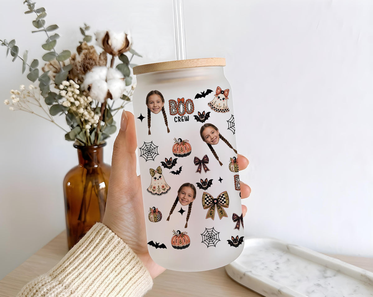 Personalized Photo Boo Crew Glass Tumbler, Custom Halloween Ghosts Kids Cup