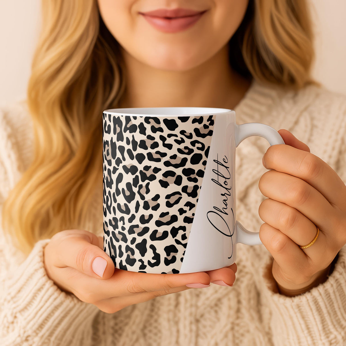 Personalized Animal Print Patchwork Ceramic Mug, Custom Name Coffee Cup