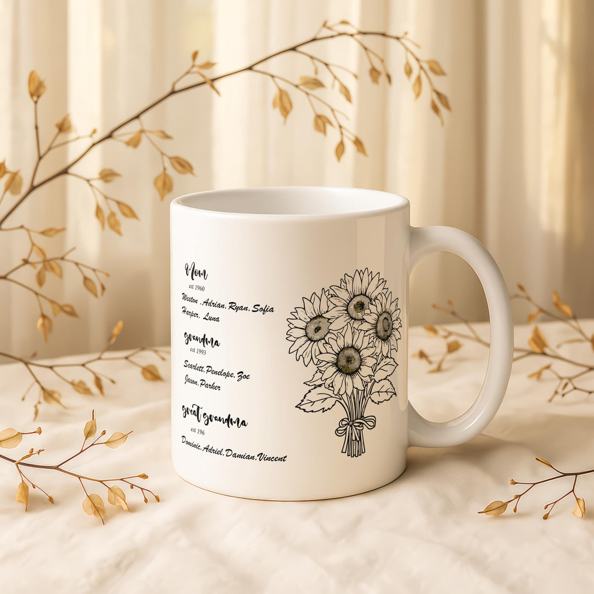 Personalized Family Generations Sunflower Mug, Custom Floral Ceramic Cup