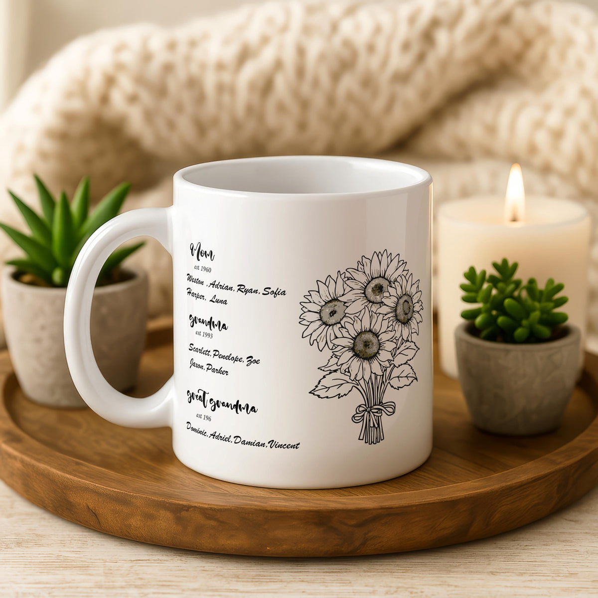 Personalized Family Generations Sunflower Mug, Custom Floral Ceramic Cup