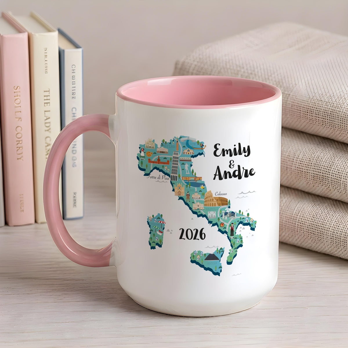 Personalized Italy Map Ceramic Mug, Custom Couple Names Coffee Cup, Travel Memory Gift