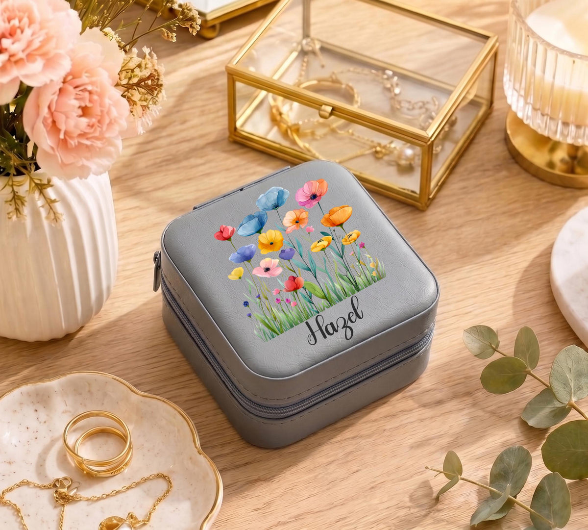 Custom Floral Jewelry Box, Personalized Travel Jewelry Case
