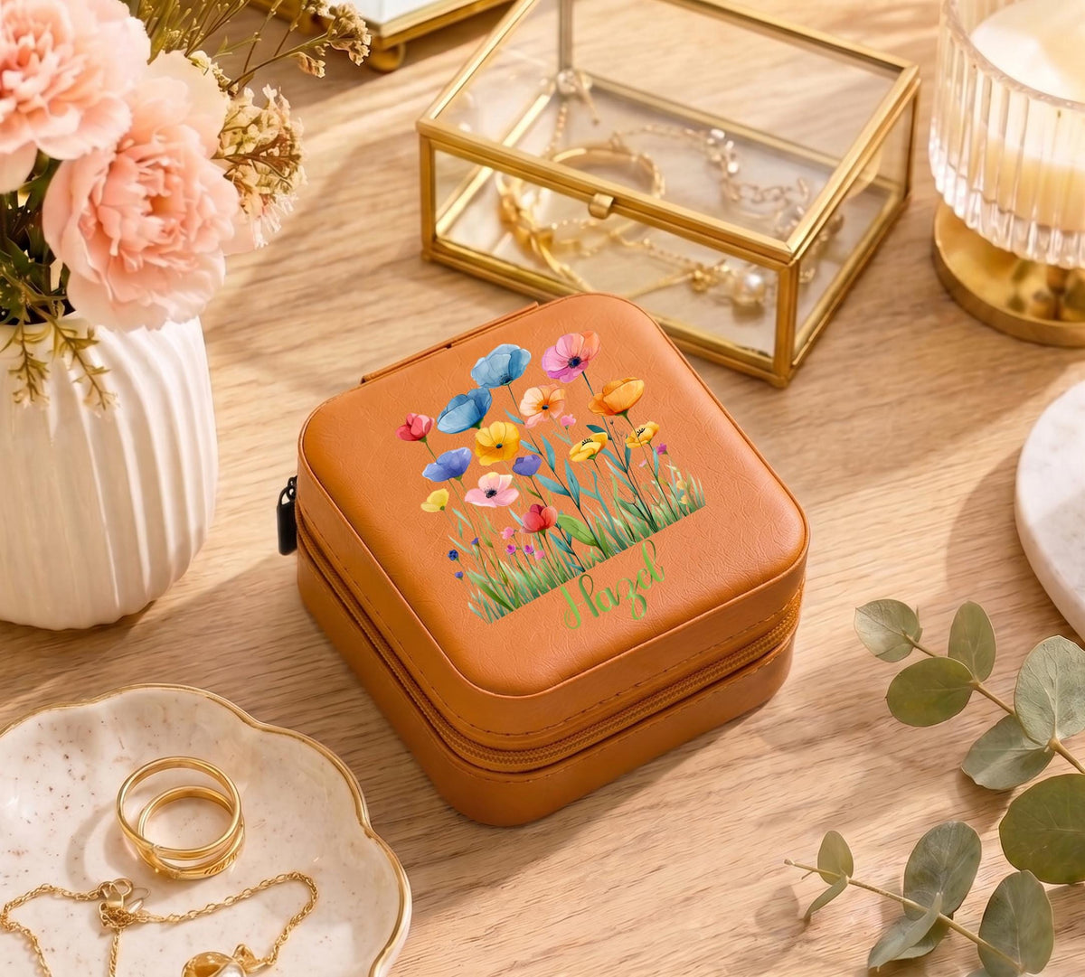 Custom Floral Jewelry Box, Personalized Travel Jewelry Case