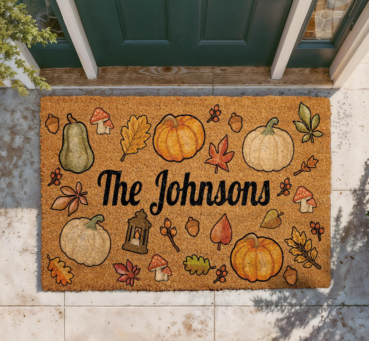 Personalized Family Name Doormat, Autumn Leaves, Pumpkins, Mushrooms (Coir)