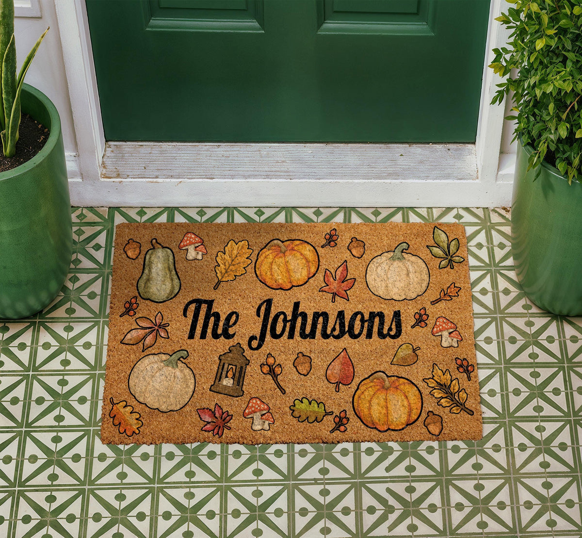 Personalized Family Name Doormat, Autumn Leaves, Pumpkins, Mushrooms (Coir)