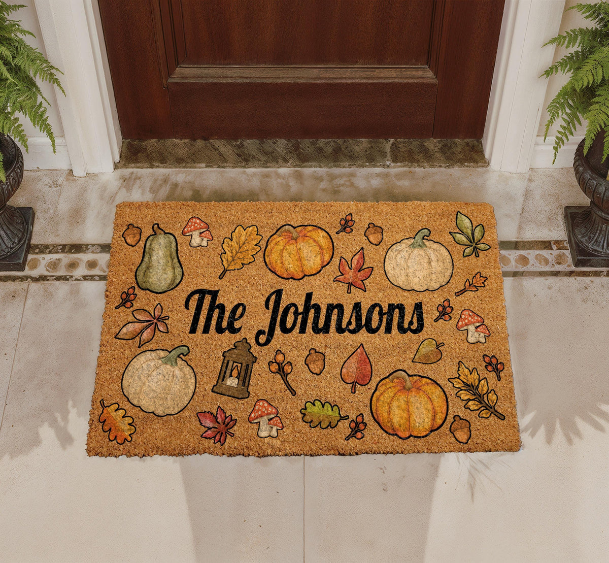 Personalized Family Name Doormat, Autumn Leaves, Pumpkins, Mushrooms (Coir)