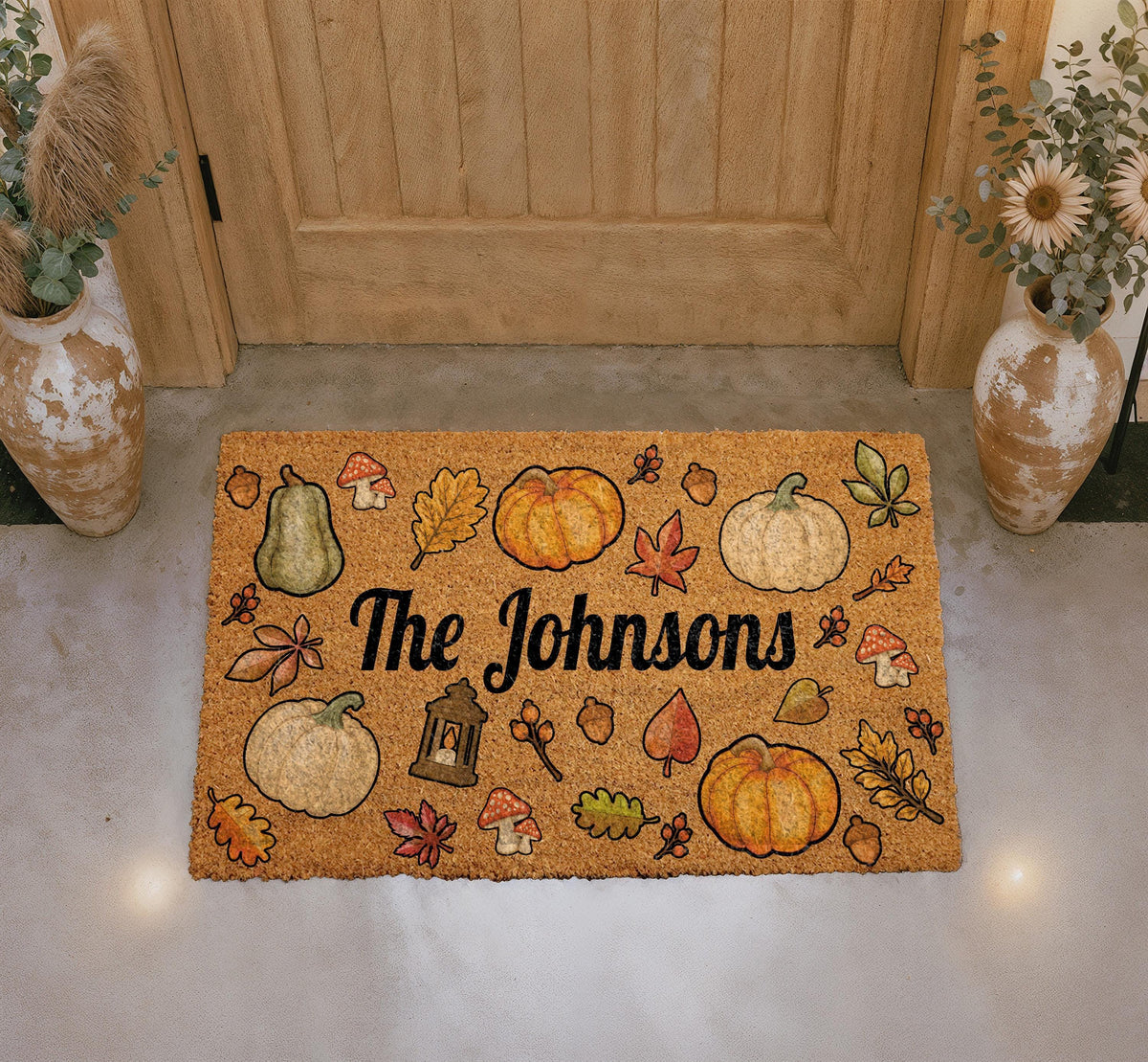 Personalized Family Name Doormat, Autumn Leaves, Pumpkins, Mushrooms (Coir)