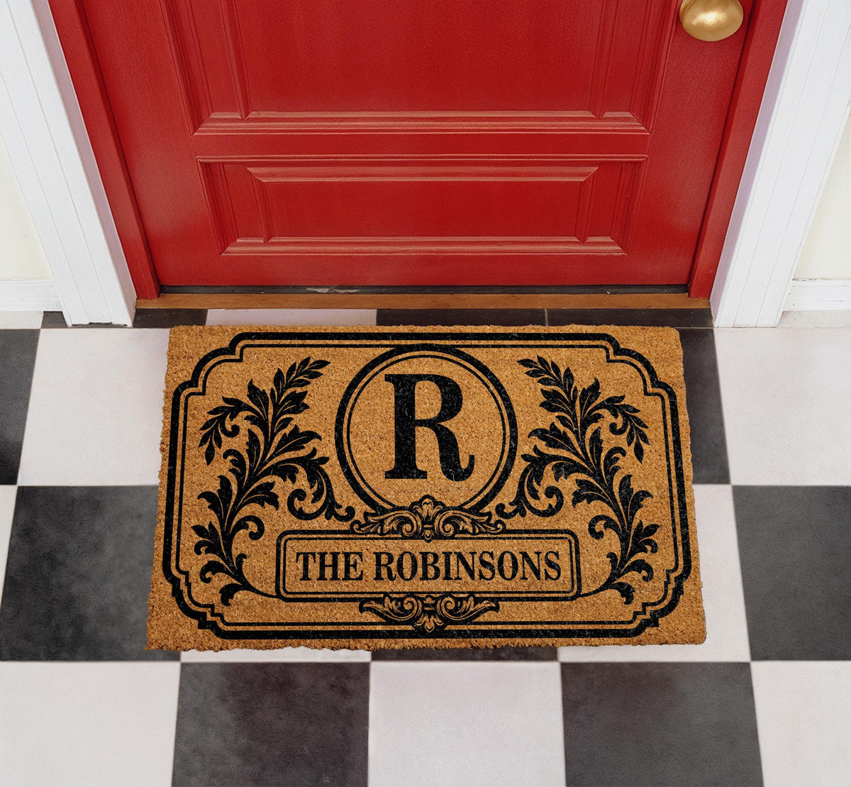 Personalized Family Name Doormat, Ornate Border Welcome Mat, Housewarming Gift