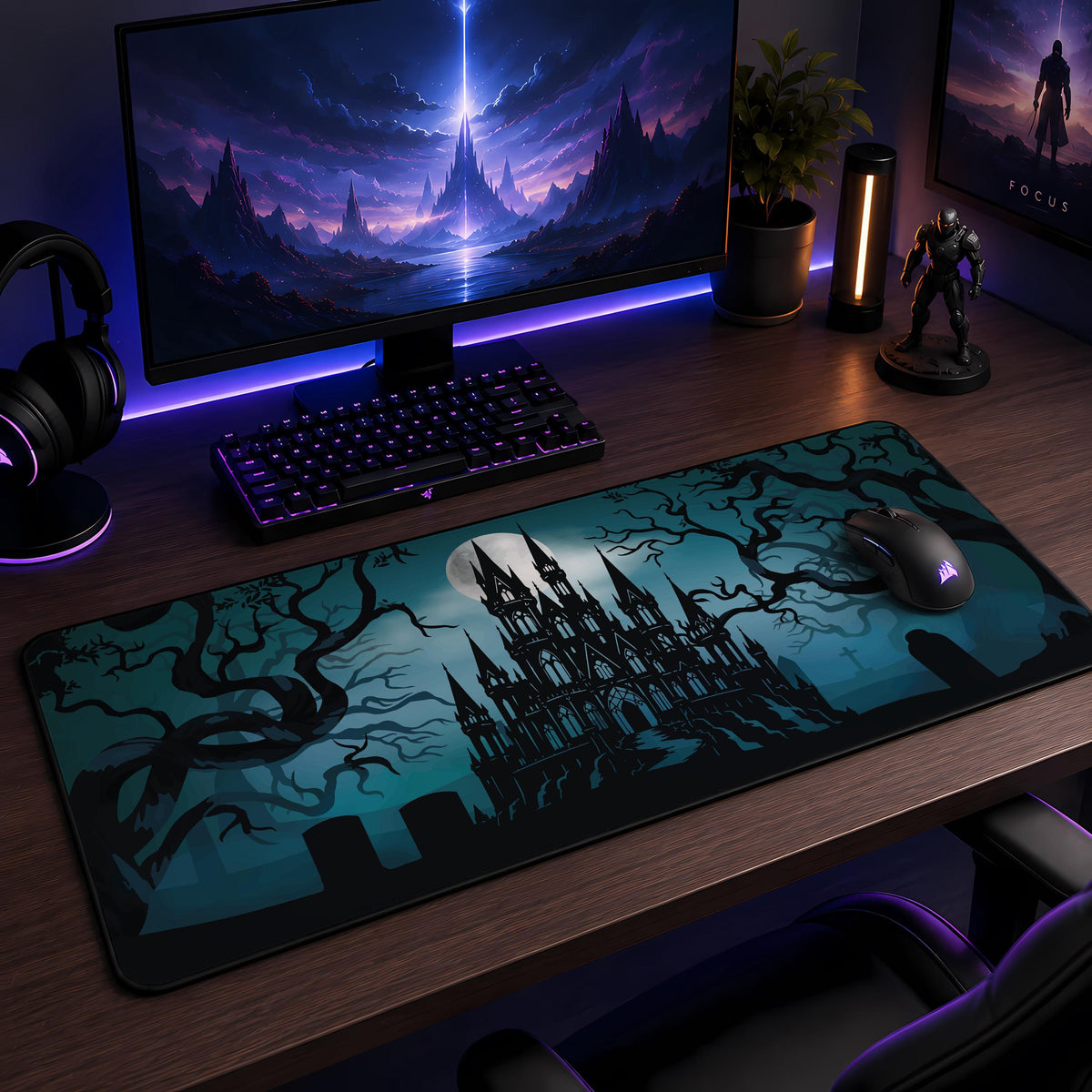 Gothic Vampire Castle Desk Mat, Spooky Witchy Mouse Pad, Halloween Gaming Setup