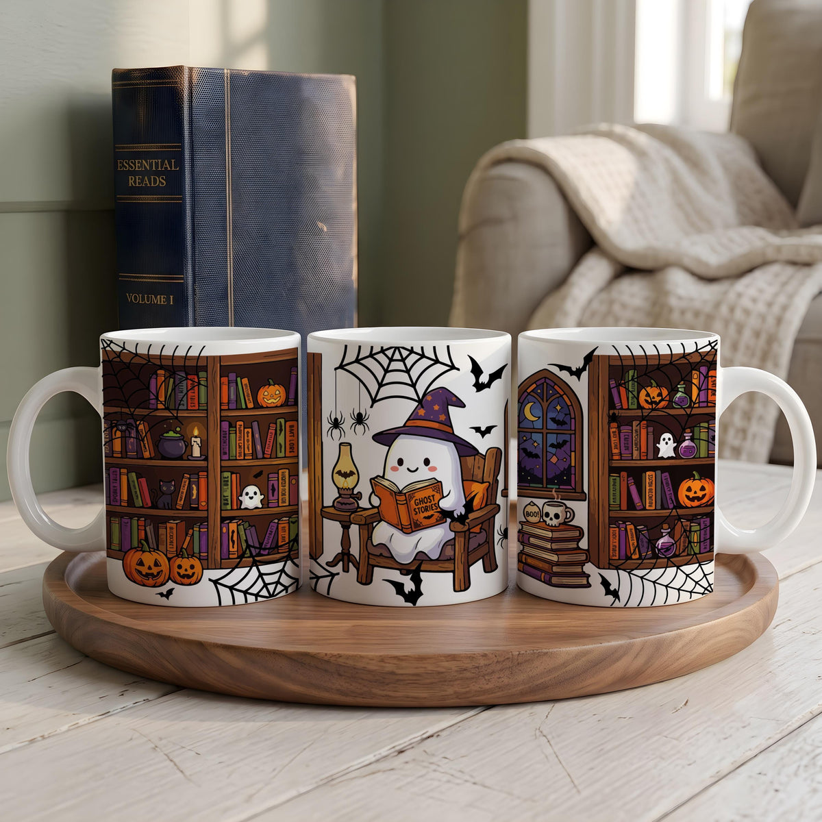 Spooky Bookish Ghost Mug, Halloween Ceramic Coffee Cup, Autumn Book Lover Gift