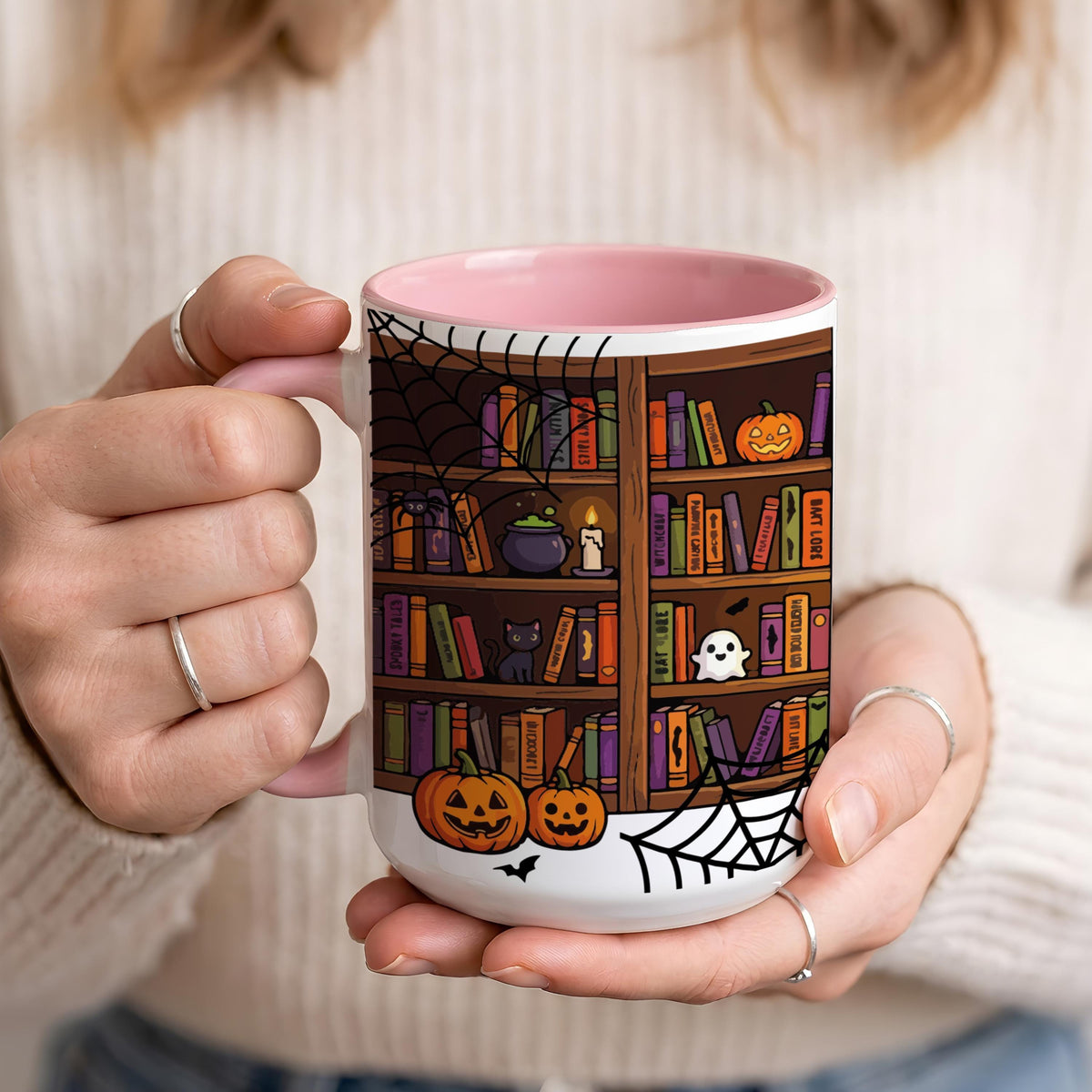 Spooky Bookish Ghost Mug, Halloween Ceramic Coffee Cup, Autumn Book Lover Gift