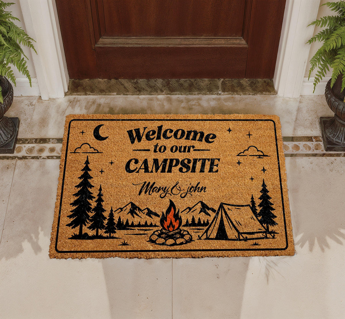 Personalized Campsite Doormat, Custom Camper Welcome Mat, Mountain Cabin Decor