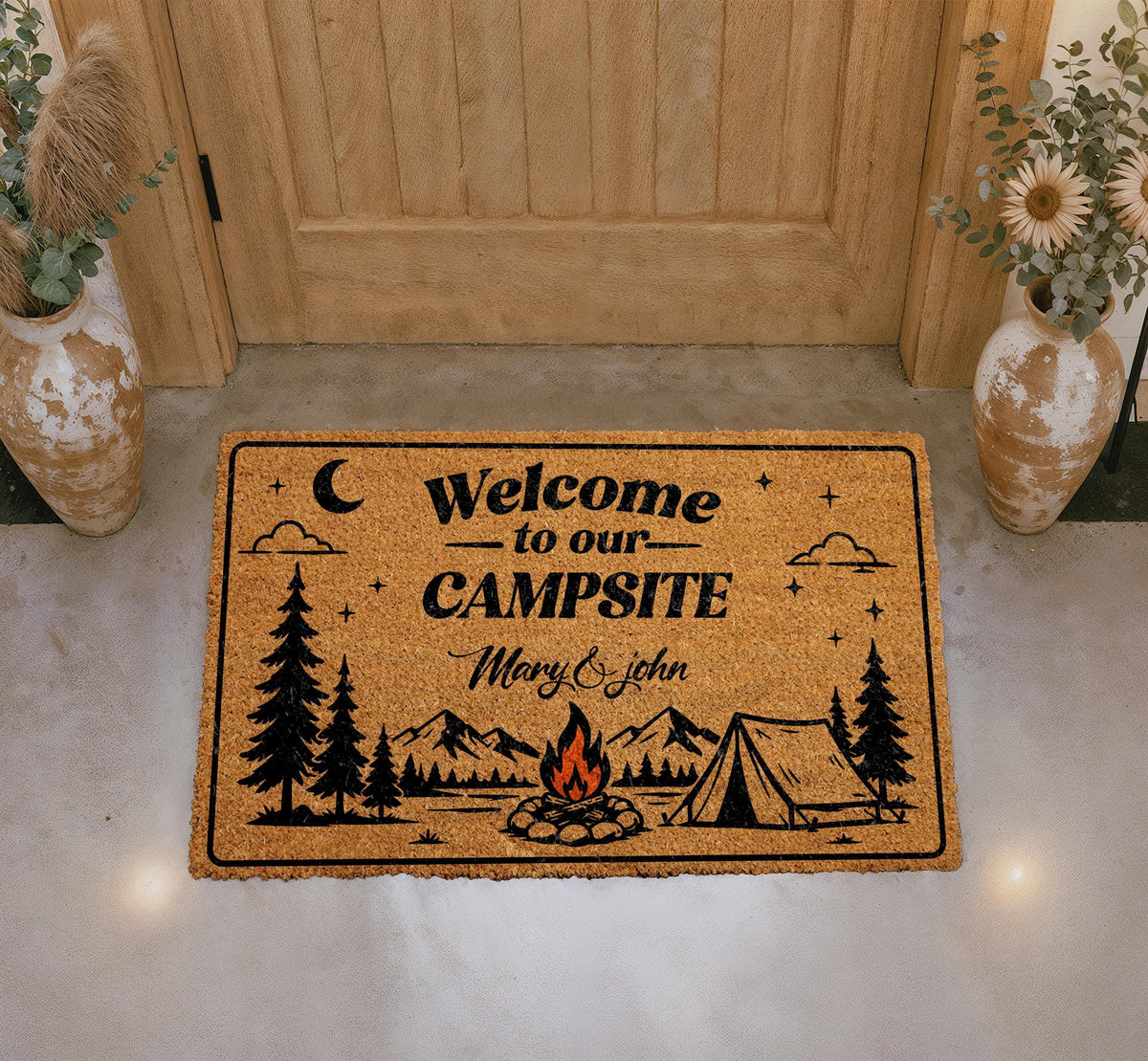 Personalized Campsite Doormat, Custom Camper Welcome Mat, Mountain Cabin Decor