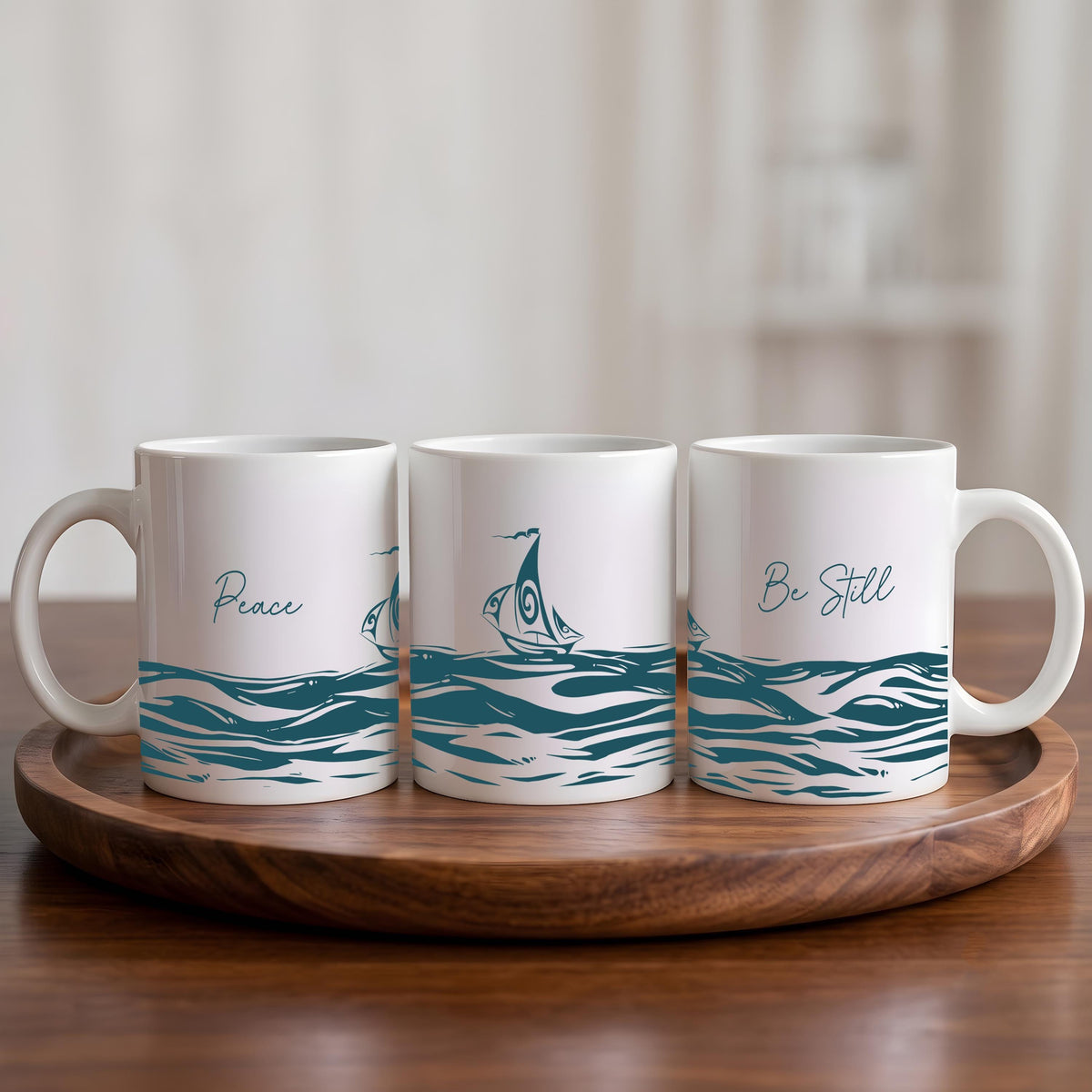 Peace Be Still Christian Coffee Mug, Ocean Waves Sailboat Ceramic Cup, Psalm Bible Verse Gift