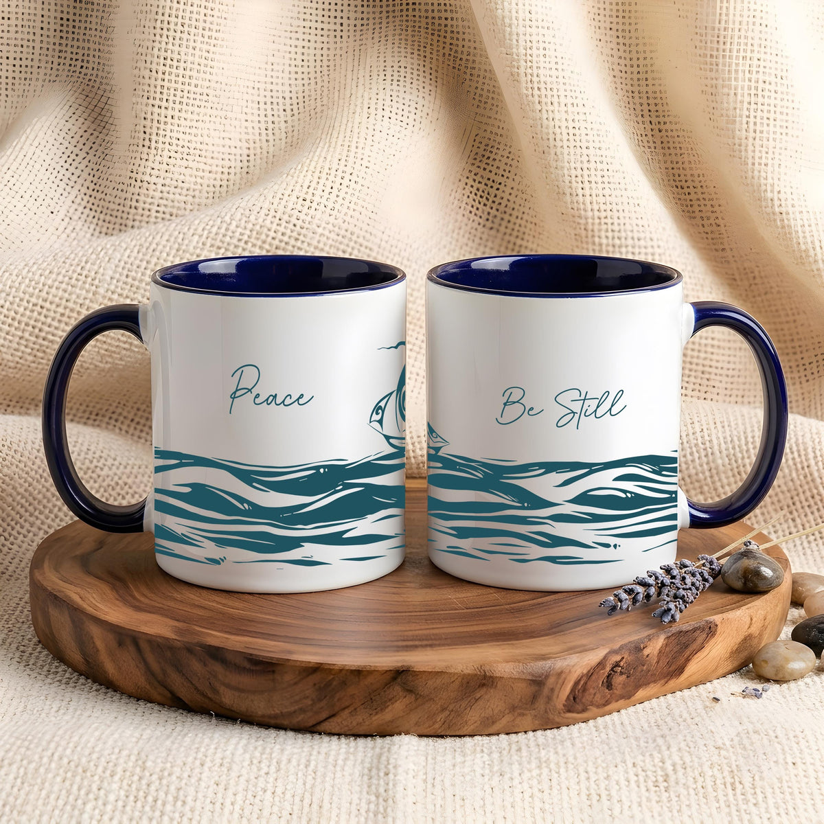 Peace Be Still Christian Coffee Mug, Ocean Waves Sailboat Ceramic Cup, Psalm Bible Verse Gift
