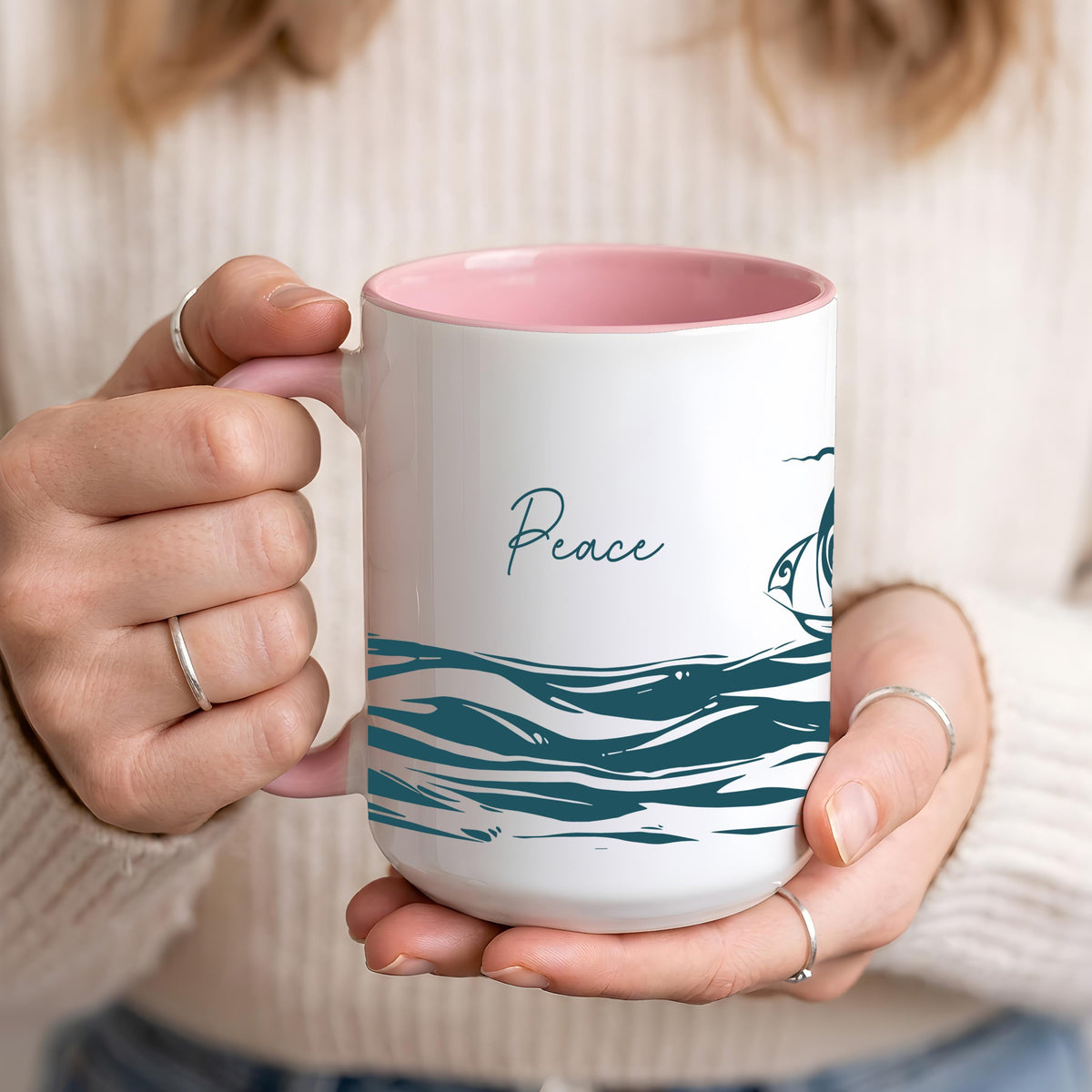 Peace Be Still Christian Coffee Mug, Ocean Waves Sailboat Ceramic Cup, Psalm Bible Verse Gift