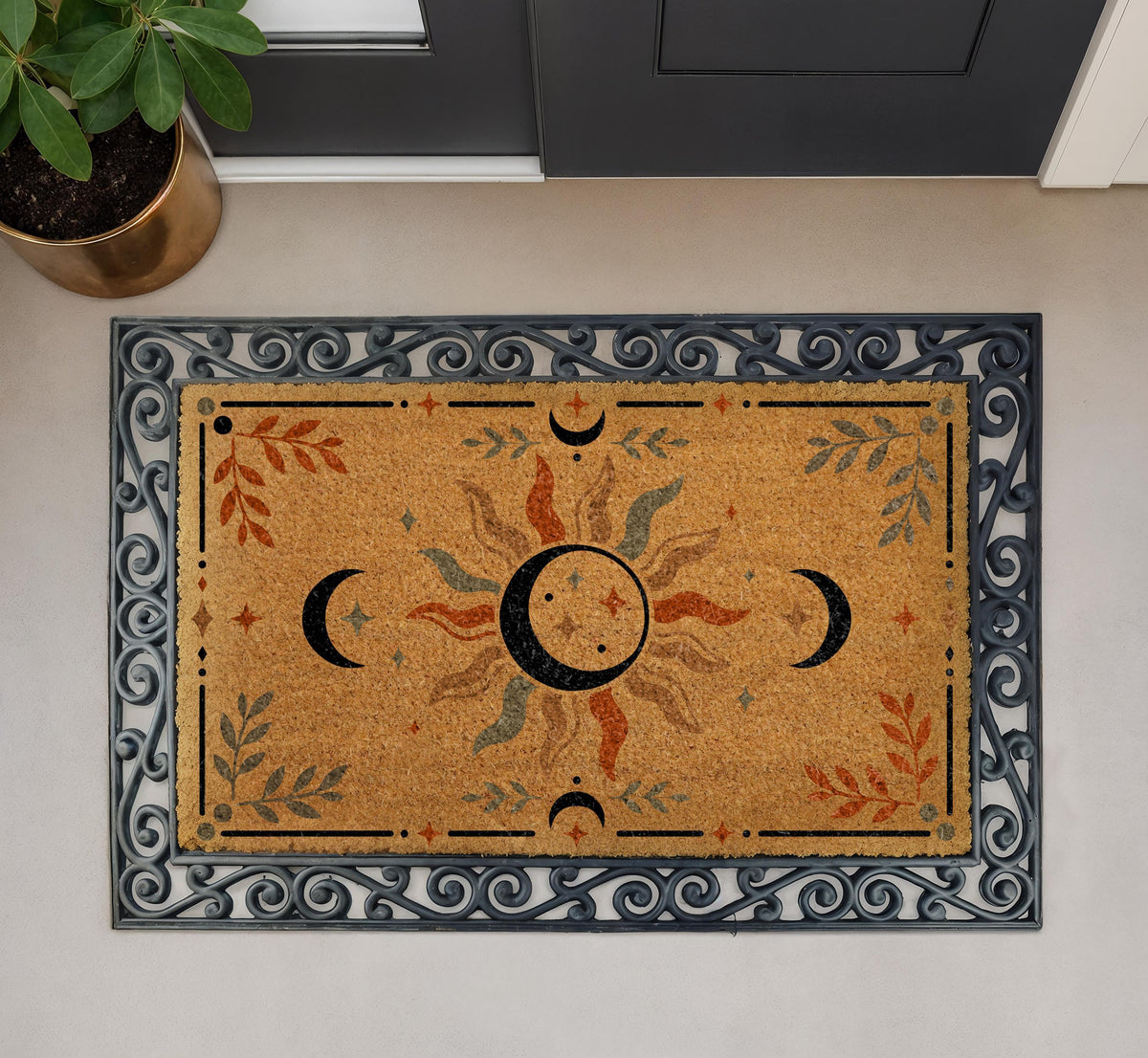 Celestial Sun Moon Doormat, Mystical Boho Welcome Mat, Sunburst Porch Decor