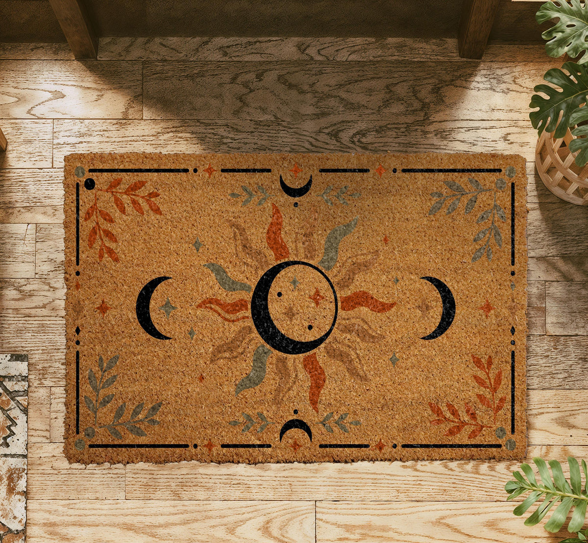 Celestial Sun Moon Doormat, Mystical Boho Welcome Mat, Sunburst Porch Decor