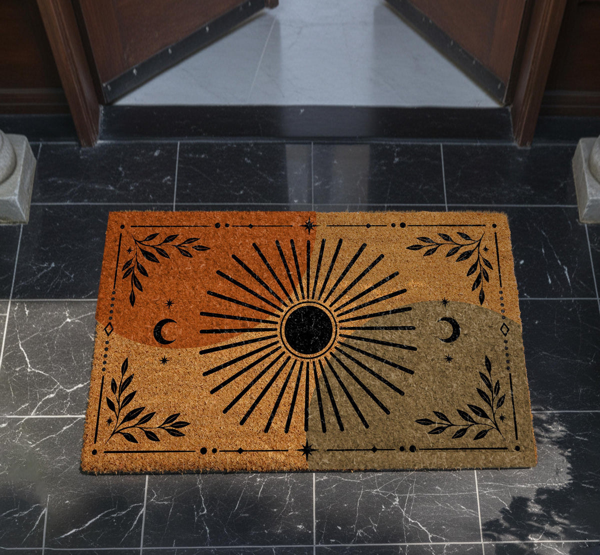 Celestial Sun Moon Doormat, Mystical Boho Welcome Mat, Sunburst Porch Decor