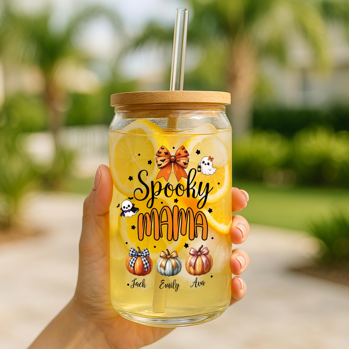 Custom Spooky Mama Iced Coffee Cup with Kids Name, Personalized Pumpkin Season Mother Glassware