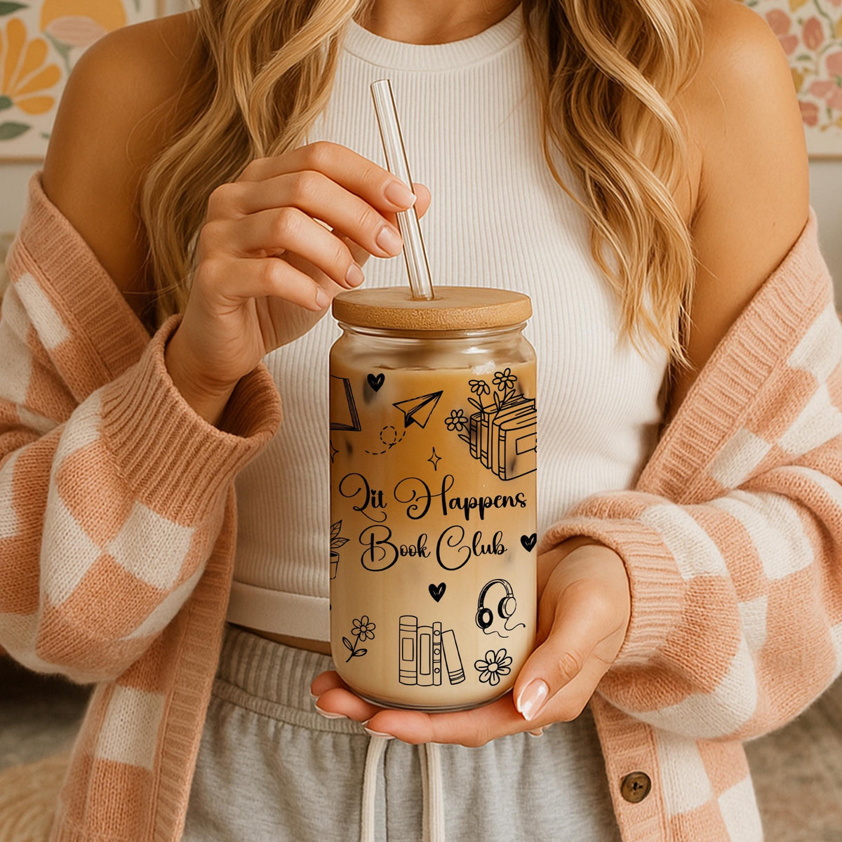 Personalized Matching Book Enthusiast Iced Coffee Cup, Cute Bookish Doodles Can Glass Tumbler