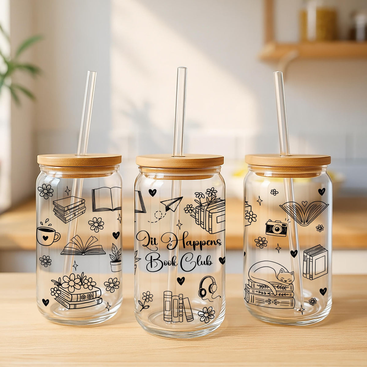 Personalized Matching Book Enthusiast Iced Coffee Cup, Cute Bookish Doodles Can Glass Tumbler