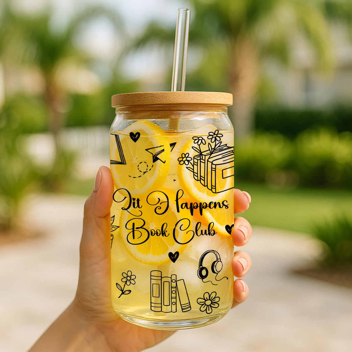Personalized Matching Book Enthusiast Iced Coffee Cup, Cute Bookish Doodles Can Glass Tumbler