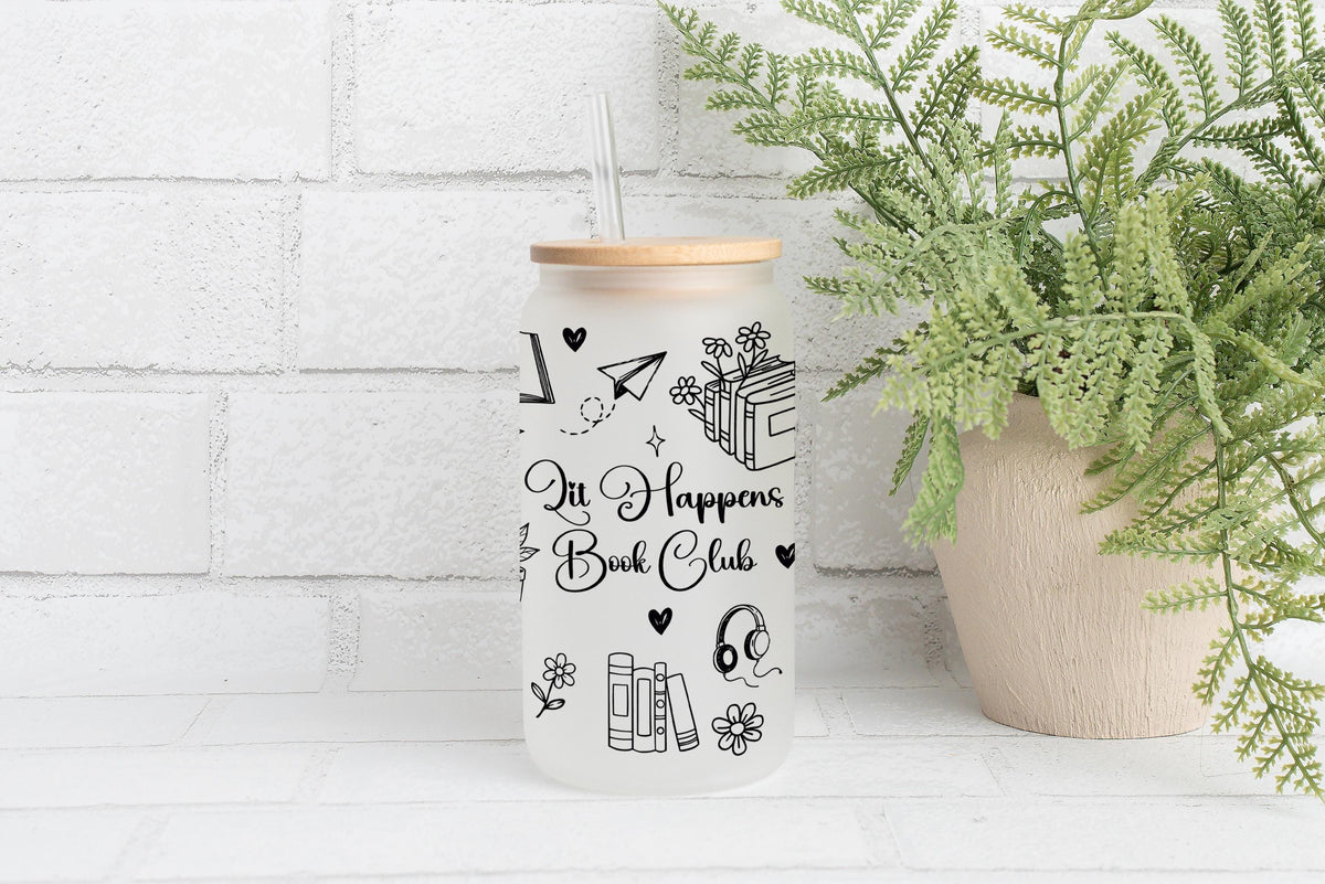Personalized Matching Book Enthusiast Iced Coffee Cup, Cute Bookish Doodles Can Glass Tumbler